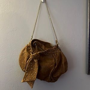 Junior Drake - Soft Tan Leather Purse w/ Gold Chain Shoulder Strap - Gold Studs